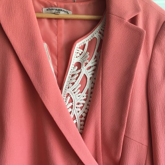 Sharagano Noir Peach Ruffle Wrap Crepe Blazer Suit Jacket 12 V Neck Work - Picture 11 of 11